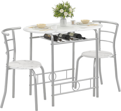 3-Piece Dining Table Set for Kitchen Breakfast Nook, Faux Marbled Oval Tabletop