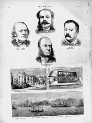 Alter antiker Druck 1874 Ashantee Kriegsschiff Argus Ancrum Straßenbahn Bixio Hugo 19.