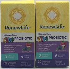 2PK RenewLife Kids Probiotic ~ 30 Chewable Tablets Ea ~ Berry FLVR~ EXP 7/26