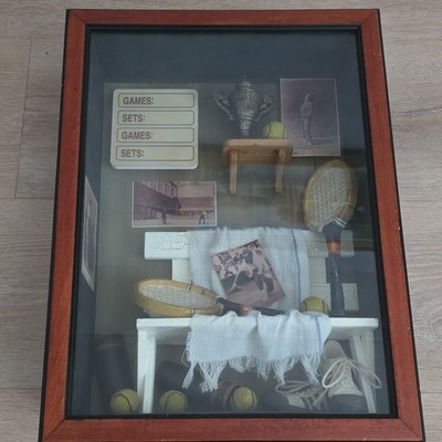 Tennis Shadow Box Display Frame w/ Mini Rackets, Tennis Balls & Photos Brown