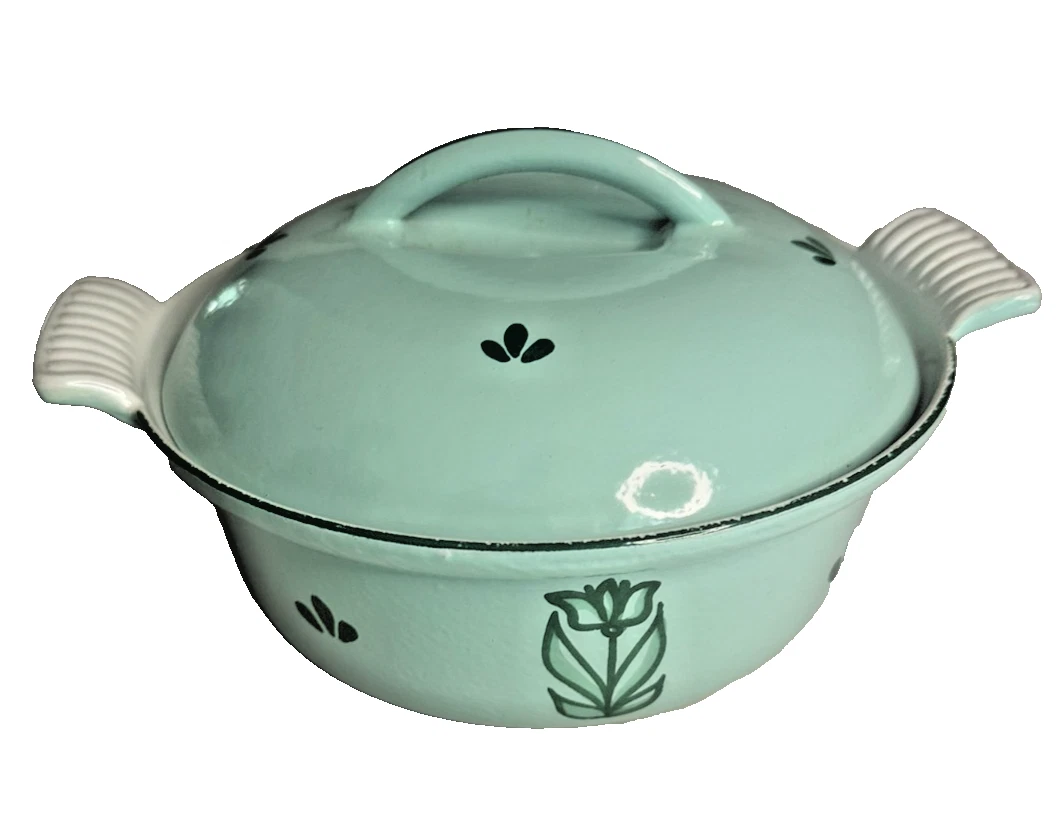 Vintage DRU Holland Aqua Enamel Cast Iron Dutch Oven Casserole Pot w Lid #20