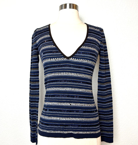 Roberto Cavalli, CLASS Roberto Cavalli Wool V Neck Sweater Womens 40/6 Brown Navy Striped Sequins