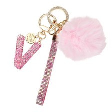 Initial Letter V Keychain with Pom and Rhinestone Wristlet, Pink