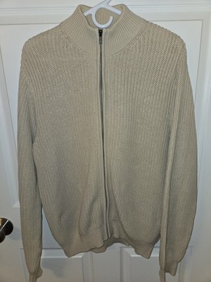 VTG LL Bean Sweater Mens MED Beige Full Zip Mock Neck