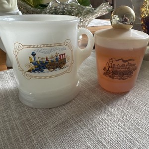 Avon Collectible Railroad Glass Mug and Cup Set with Train Motif and Design
