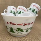MCM Hazel Atlas Milk Glass Punch Bowl W/10 Cups Green Forest Pattern