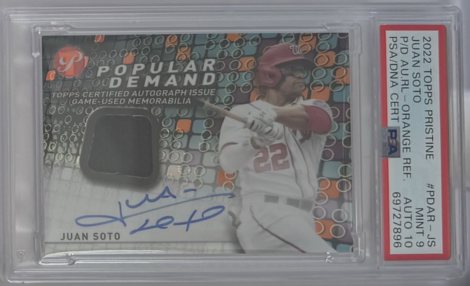 Juan Soto Auto /25 2022 Topps Pristine Popular Demand Autograph Relic PSA 9/10