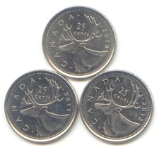 Canada 2010 2011 2012 Quarter Canadian 25 Cent 25c Exact Set 3 Coins
