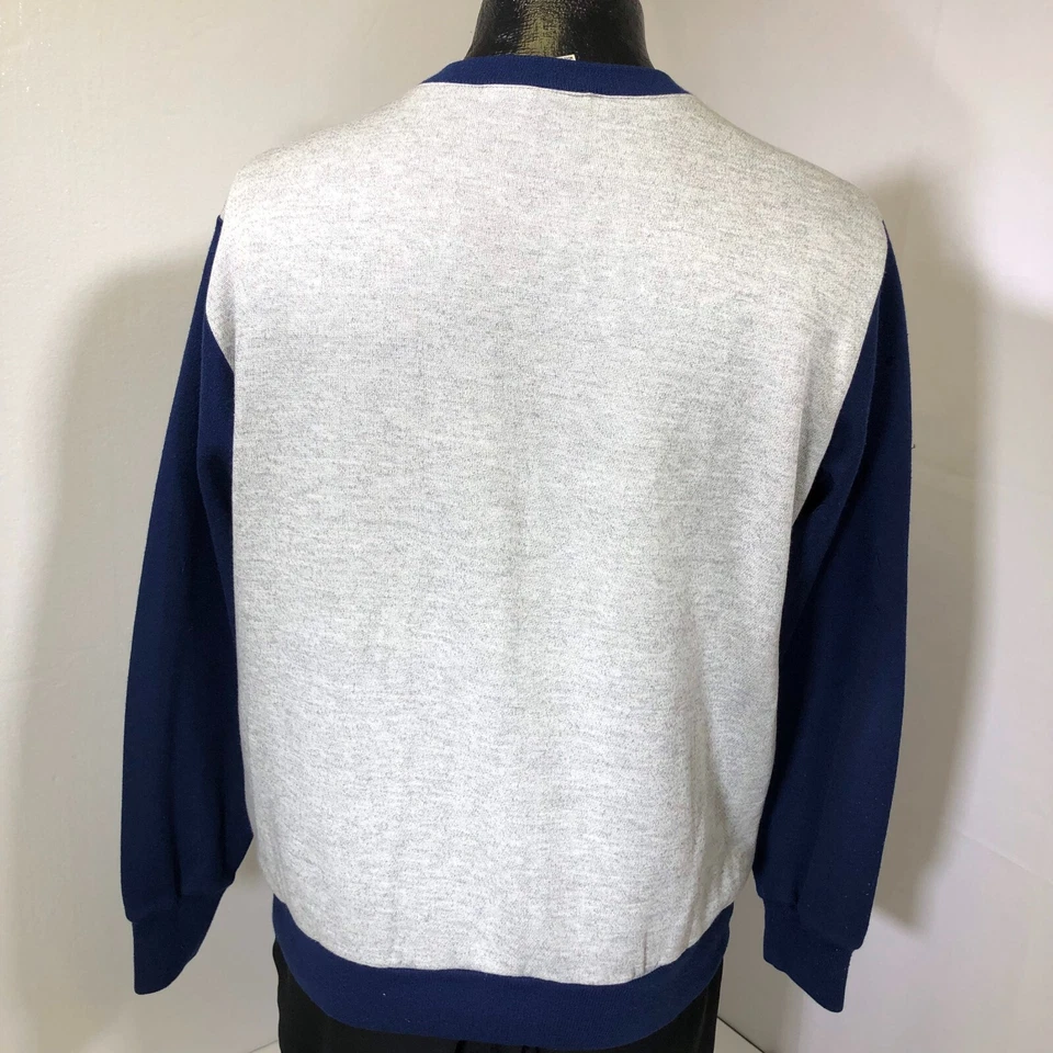 80's Wilson Men Heather Gray SPELLOUT V-Neck Blue RINGER Sports Sweatshirt M - Image 3 of 4