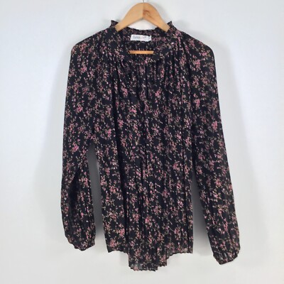 Sunny girl womens blouse top size M sheer black floral long sleeve