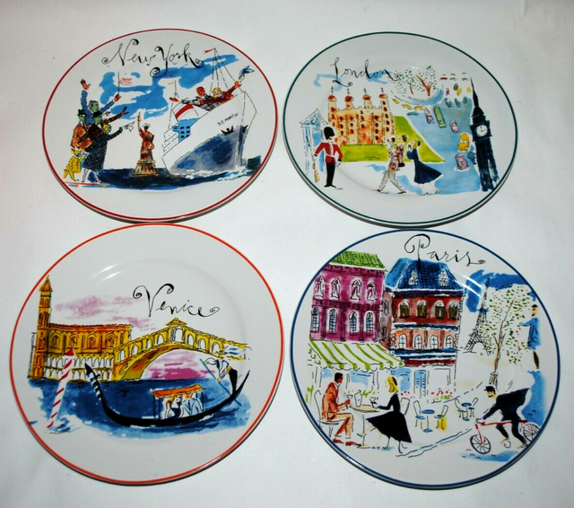 Set 4 Rosanna Plates New York Venice Paris London 8” Dessert Plates