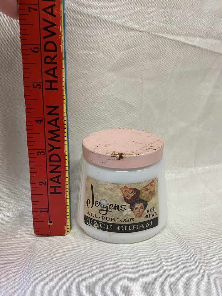 Vintage Milk Glass Jergens Face Cream AllPurpose Jar Pink Cap Paper