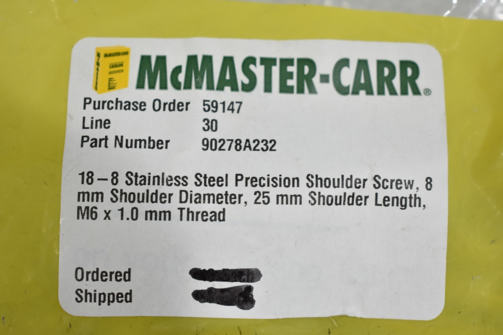 MCMASTERCARR 90278A232 188 Stainless Steel Precision Shoulder Screw