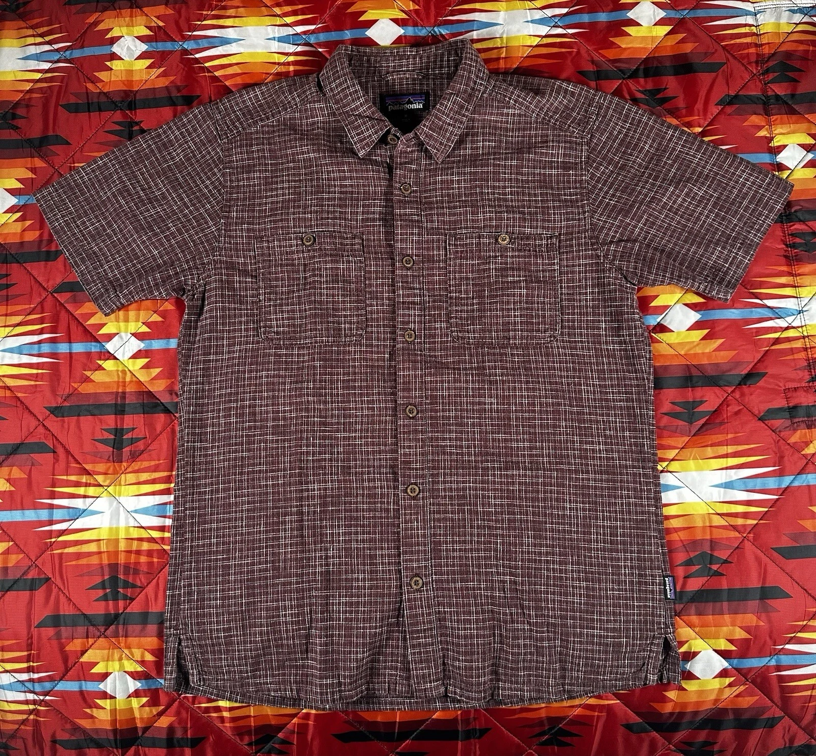 Patagonia Button Up Shirt Cotton Mens Med Striped Camp Hiking Red Short Sleeve