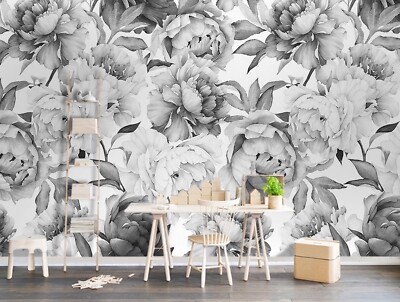 Charcoal Flower Monochrome Peony Removable Textile Wallpaper