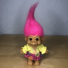Russ Troll Doll 4.25" VTG I'm A Big Sister YELLOW Dress PINK Hair BROWN Eyes