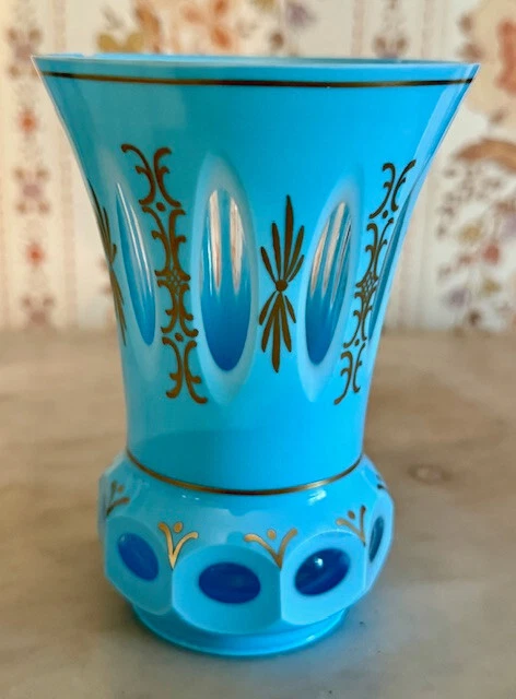 Bohemian Turquoise Cut Glass Vase