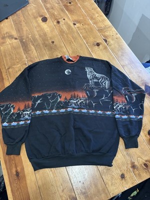 Vintage 80s Artisans Sunschein Designs Wolf Howling Moon Stars All Over Print