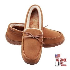 Men's Moccasin Slippers Memory Foam Warm Plush House Slippers, Indoor 11 Brown