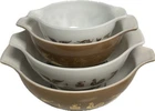 PYREX - 4 Gold, Brown, White "Early American"Cinderella Mixing, Nesting Bowl Set
