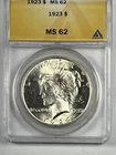 1923 Peace Dollar :  ANACS MS62  Blazing White