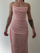 HOUSE OF CB Pink Chiffon Strapless Ruched Maxi Gown Dress Side Slit XS