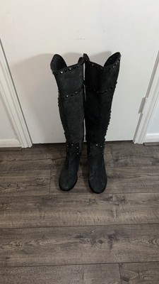 Tory Burch Studded Leather Boots Womens 10 Black Knee High Riding Moto