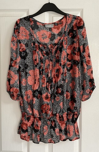 Wallis Size 14 Orange & Black Floral Pleated Tie Front Top Holiday Cruise - Picture 11 of 11