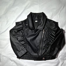 Girls Black Faux Leather Motorcycle Jacket Ruffle Zip Size 3-4