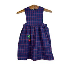Vintage Girls Blue Red Plaid Pinafore Cherry Dress Size 6 Wool Blend Prairie