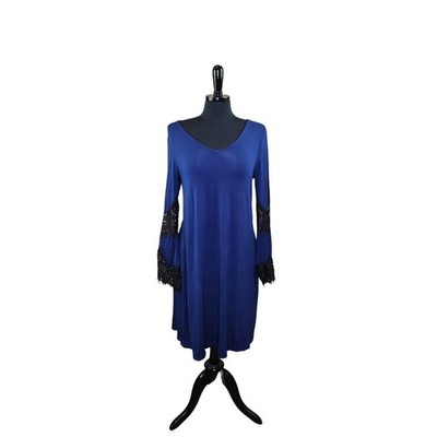 Neiman Marcus Blue Shift Dress Long Sleeve Black Lace Boho Witchy L