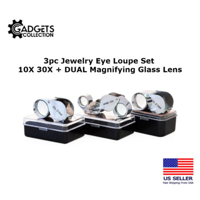 3pc Jewelry Eye Loupe Set 10X 30X + 10X-20X DUAL Optical Magnifying Glass Lens