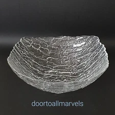 Textured Ice Bark Glass Serving Bowl Scandinavian Design Irregular Edge 7.5"L