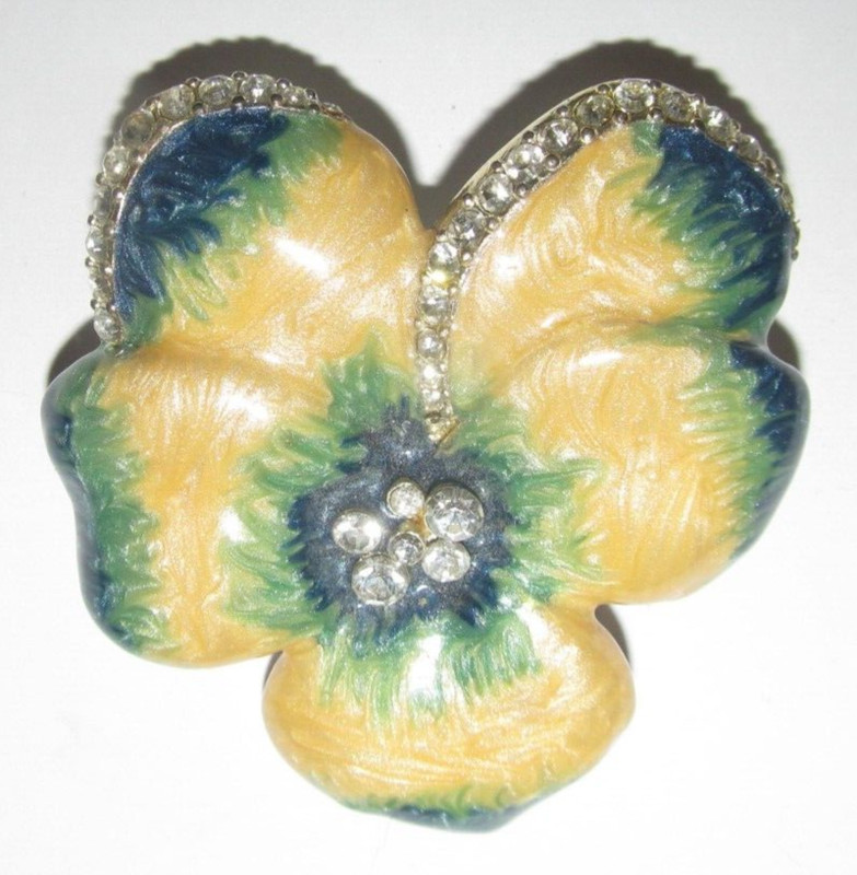 Vintage Signed Napier Floral Metal Paint Shine Greens Yellows Brooch Rhinestones