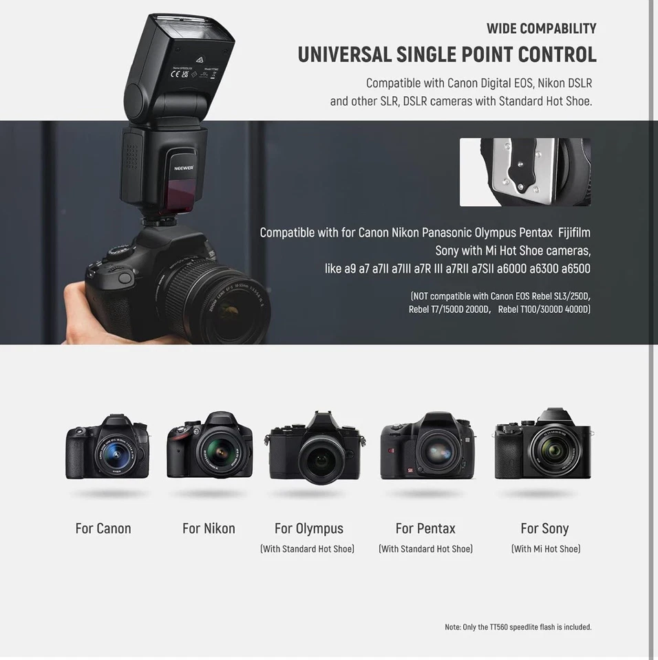 Neewer TT560 Flash Speedlite For Canon Nikon Sony Panasonic Olympus Samsung DSLR - Image 3 of 4