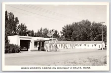 Postcard RPPC Bob's Modern Cabins Shell Gas Pumps Hwy 2 Malta Montana circa 1950