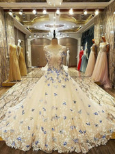 Luxury White and Blue Wedding Dresses Tulle Vinatge Lace Appliques Bridal Gowns