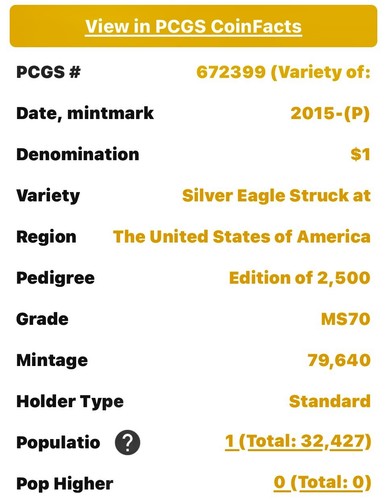 2015(P) SILVER EAGLE PCGS MS70 STRUCK @ PHILADELPHIA 79,640 T.CLEVELAND (POP=1) - Picture 3 of 3