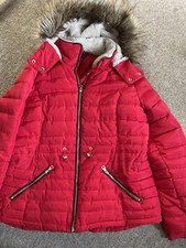 F&f Red Christmas Padded Coat Faux Fur Removable Hood Size 18