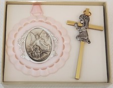 NEW Guardian Angel Pink 3.5" Crib Medallion w/Hanging Ribbon  4" Cross, Box Set