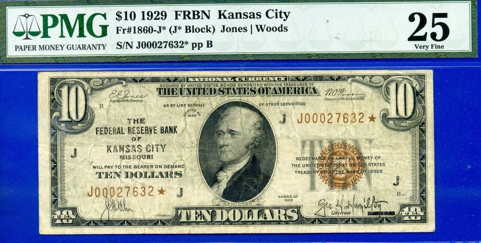 1929 $10 National Currency PMG 25 rare 39 known FRBN Kansas City star Fr 1860-J* - Image 3 of 4