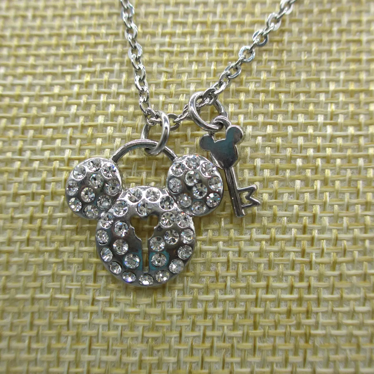 Mickey Mouse Necklace Disney Silver Tone Crystals Keyhold Lock and