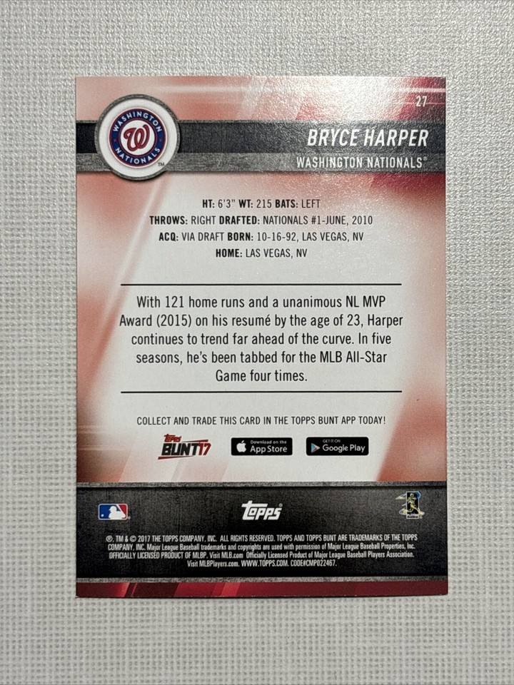 2017 Topps Bunt Baseball Blue 27 Bryce Harper Philadelphia Phillies