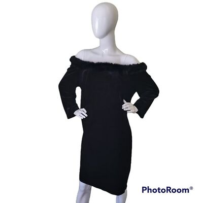 Women's Alex Evenings Dress 1990s Fur Trim Velvet Black Dress Off Shoulder 20W