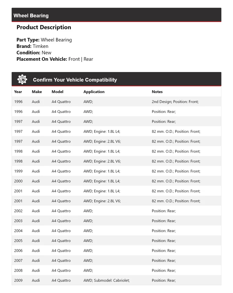Подшипник колеса полного привода для Audi A4 Quattro 1996-2009 годов выпуска Timken 1997 1998 1999 2000 2001 годов выпуска - Изображение 2 из 4