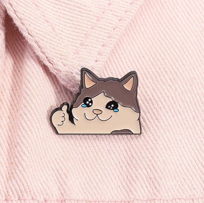 2pcs Crying Cat Thumbs Up Enamel Pins Kawaii Brooch Funny Badge Set - NEW