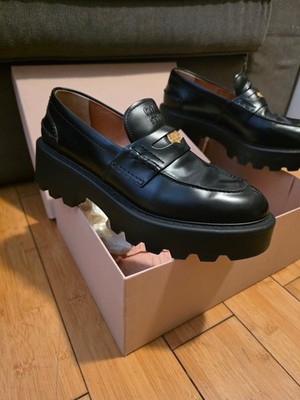 Miu Miu Black Leather Chunky Sole Loafer Women's Slip On Shoes Size 6.5
