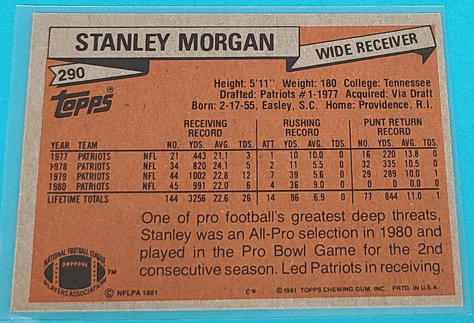 1981 Topps    AP #290 Stanley Morgan New England Patriots Football Card M5 - Image 2 of 2