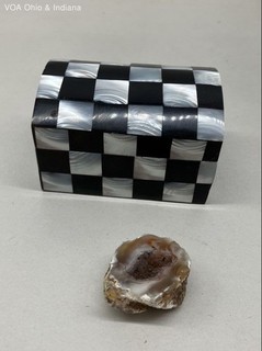 Vintage Mother of Pearl Checkered Trinket Box with Small Natural Geode Specimen