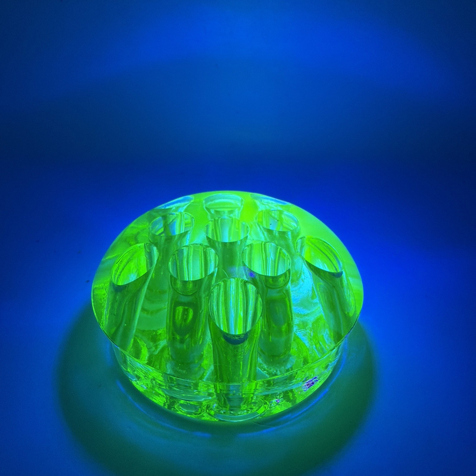 Vintage Vaseline Uranium Glass Flower Frog~11 Holes
